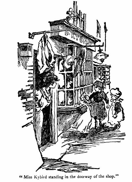 'miss Kybird Standing in the Doorway of The Shop.' 