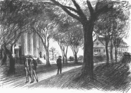 The campus seems to have "just growed."... Nevertheless there is a sort of homely charm about
the place, with its unimposing, helter-skelter piles of brick and stone