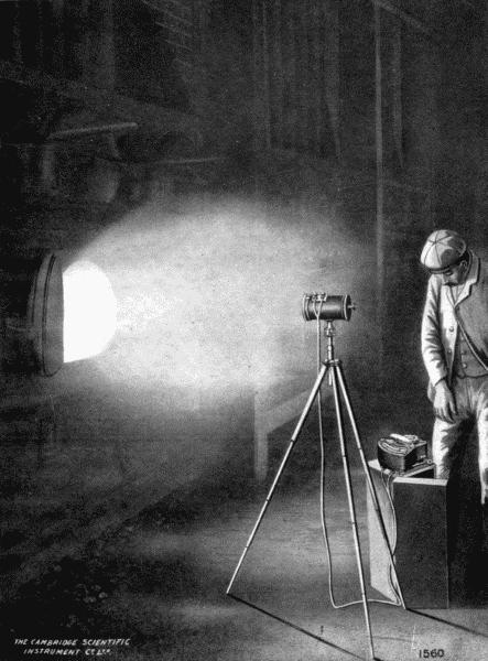 By permission of Cambridge Scientific Inst. Co., Ltd., Cambridge, Eng.
Measuring Heat at a Distance
This wonderful instrument, the Fery Radiation Pyrometer, although itself
some distance away from the furnace, is telling the temperature of its
hottest part.