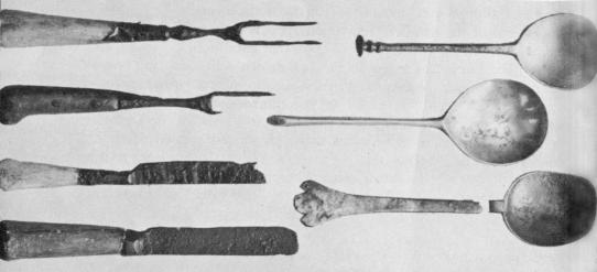 [Illustration: A few knives, forks, and spoons unearthed at Jamestown.]