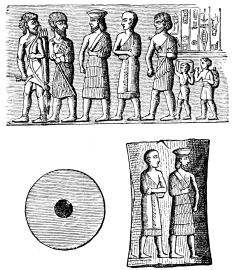 Fig. 63.—Babylonian Seal in the British Museum, and its
Impression.