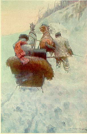 Frontispiece:  Floundering on foot beside them
he urged the team through the powdery drifts.